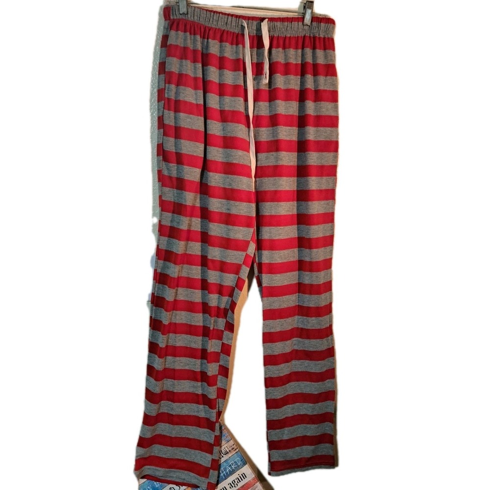 Iffei Mens Large Red Gray Pajama Pant Drawstring‎ Holiday Striped Casual